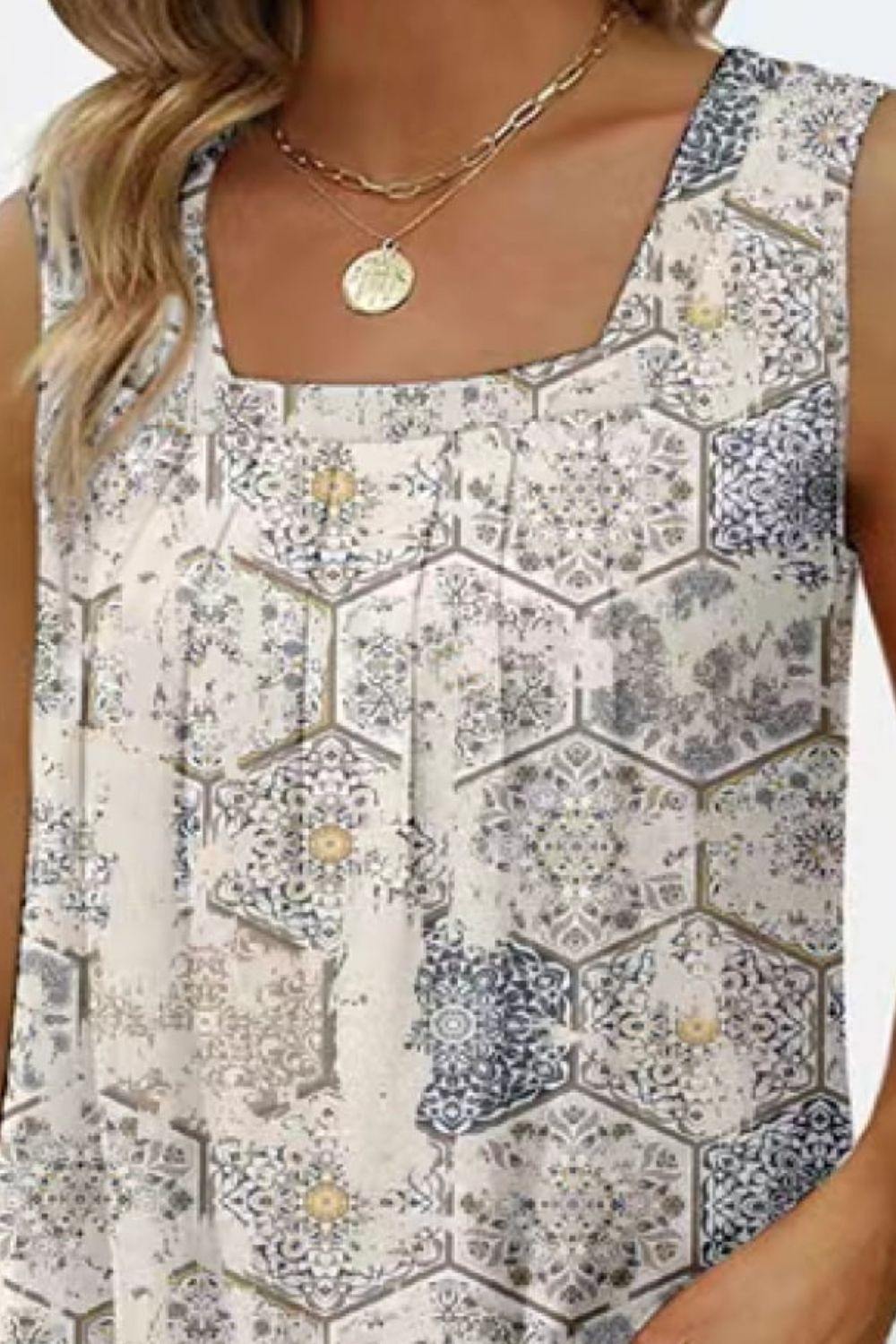 Printed Square Neck Curved Hem Tank - Trendsi