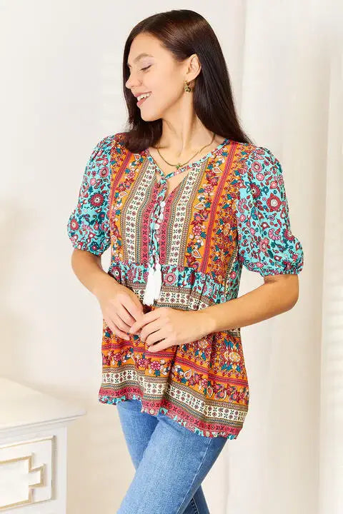 Double Take Bohemian Tassel Tie Puff Sleeve Babydoll Blouse - Trendsi - Flyclothing LLC