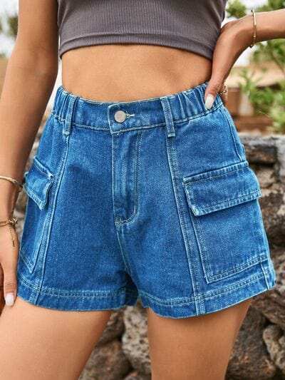 High Waist Denim Shorts with Pockets - Trendsi - Flyclothing LLC