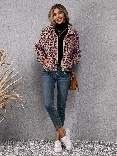 Drawstring Leopard Zip Up Jacket - Trendsi - Flyclothing LLC