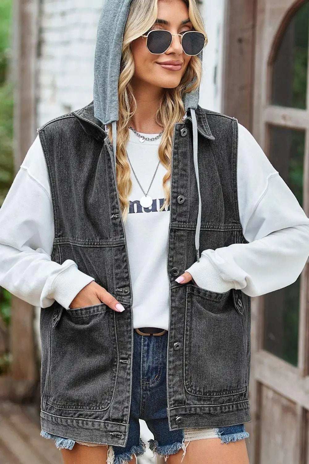 Sleeveless Denim Top with A Detachable Hood - Trendsi - Flyclothing LLC