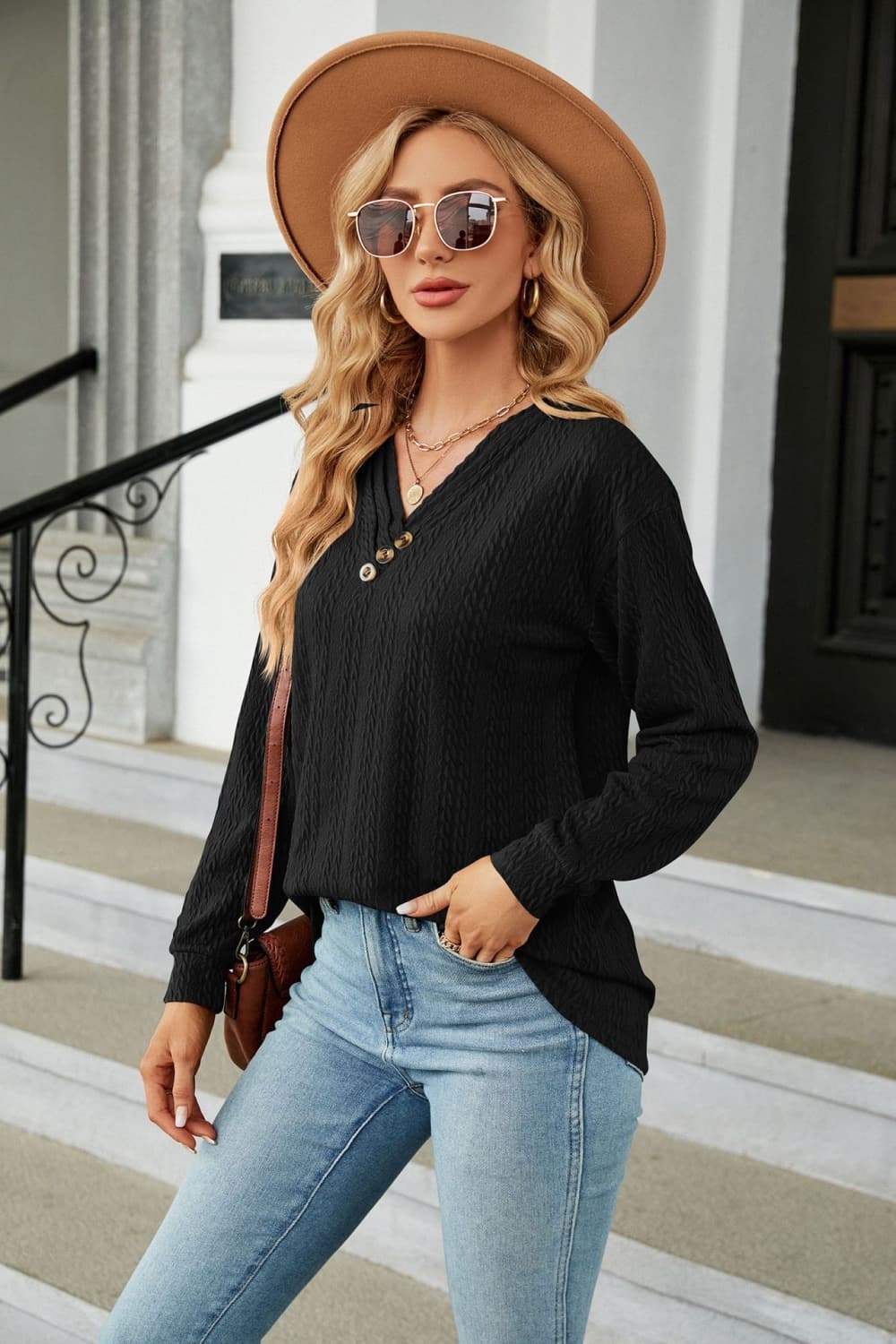 Decorative Button V-Neck Long Sleeve T-Shirt - Trendsi - Flyclothing LLC
