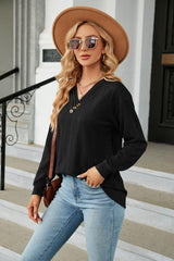 Decorative Button V-Neck Long Sleeve T-Shirt - Trendsi