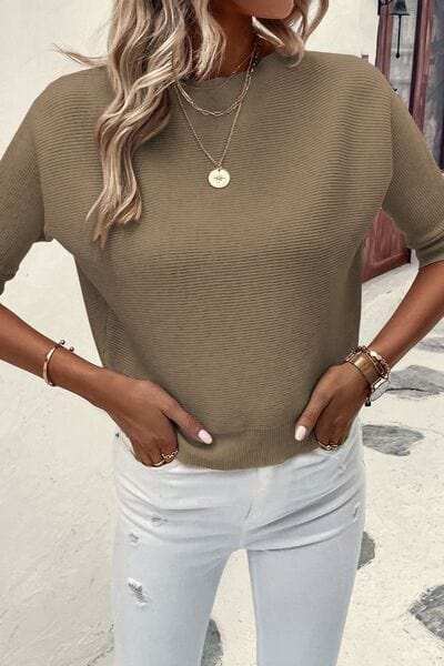 Round Neck Half Sleeve Knit Top - Trendsi - Flyclothing LLC