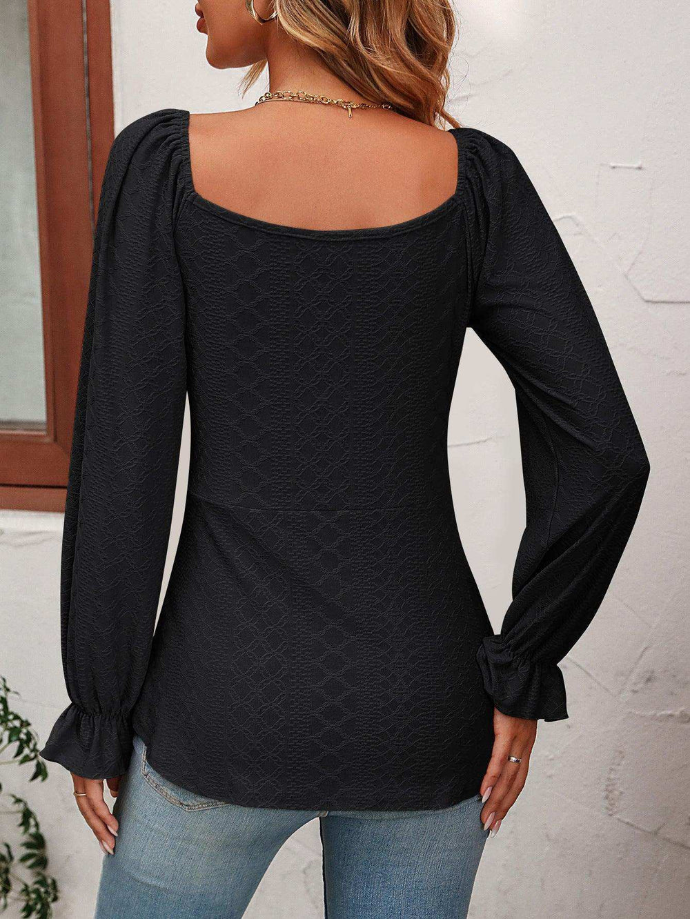 Tie Front V-Neck Puff Sleeve Blouse - Trendsi - Flyclothing LLC