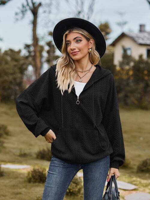 Zip Up Drawstring Long Sleeve Hooded Jacket - Trendsi - Flyclothing LLC