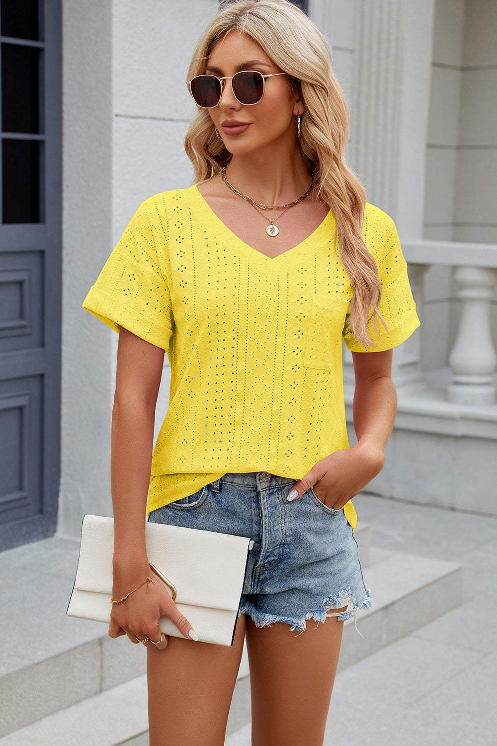 Eyelet V-Neck Short Sleeve T-Shirt - Trendsi - Flyclothing LLC