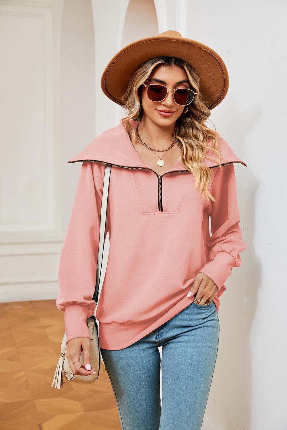 Half-Zip Collared Sweatshirt - Trendsi