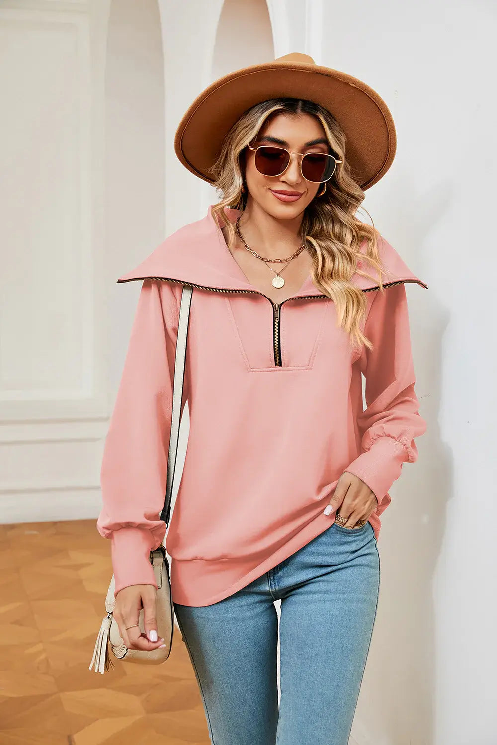 Half-Zip Collared Sweatshirt - Trendsi - Flyclothing LLC