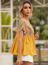 Striped Tie Neck Short Sleeve Blouse - Trendsi - Flyclothing LLC