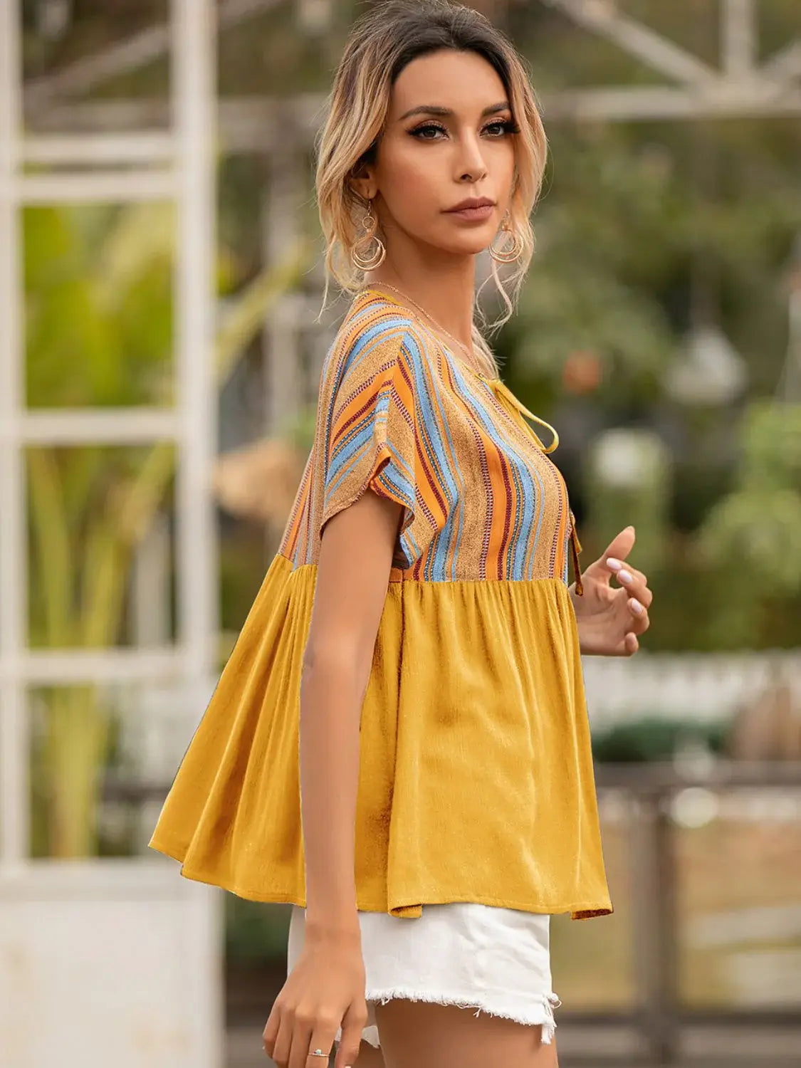 Striped Tie Neck Short Sleeve Blouse - Trendsi - Flyclothing LLC