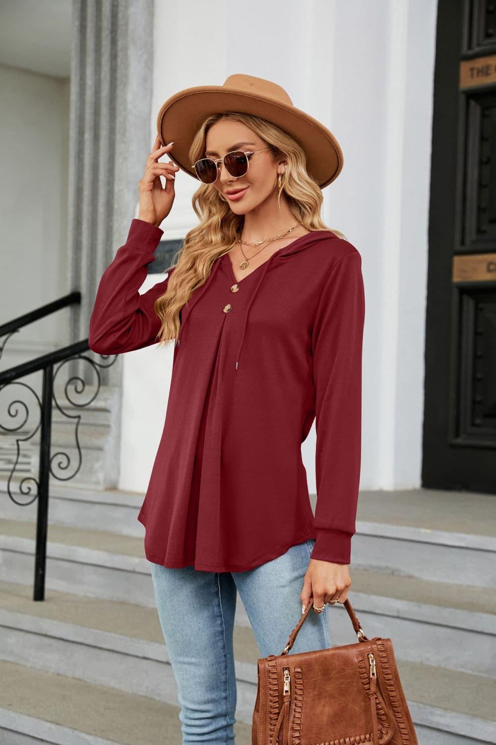 Long Sleeve Hooded Blouse - Trendsi