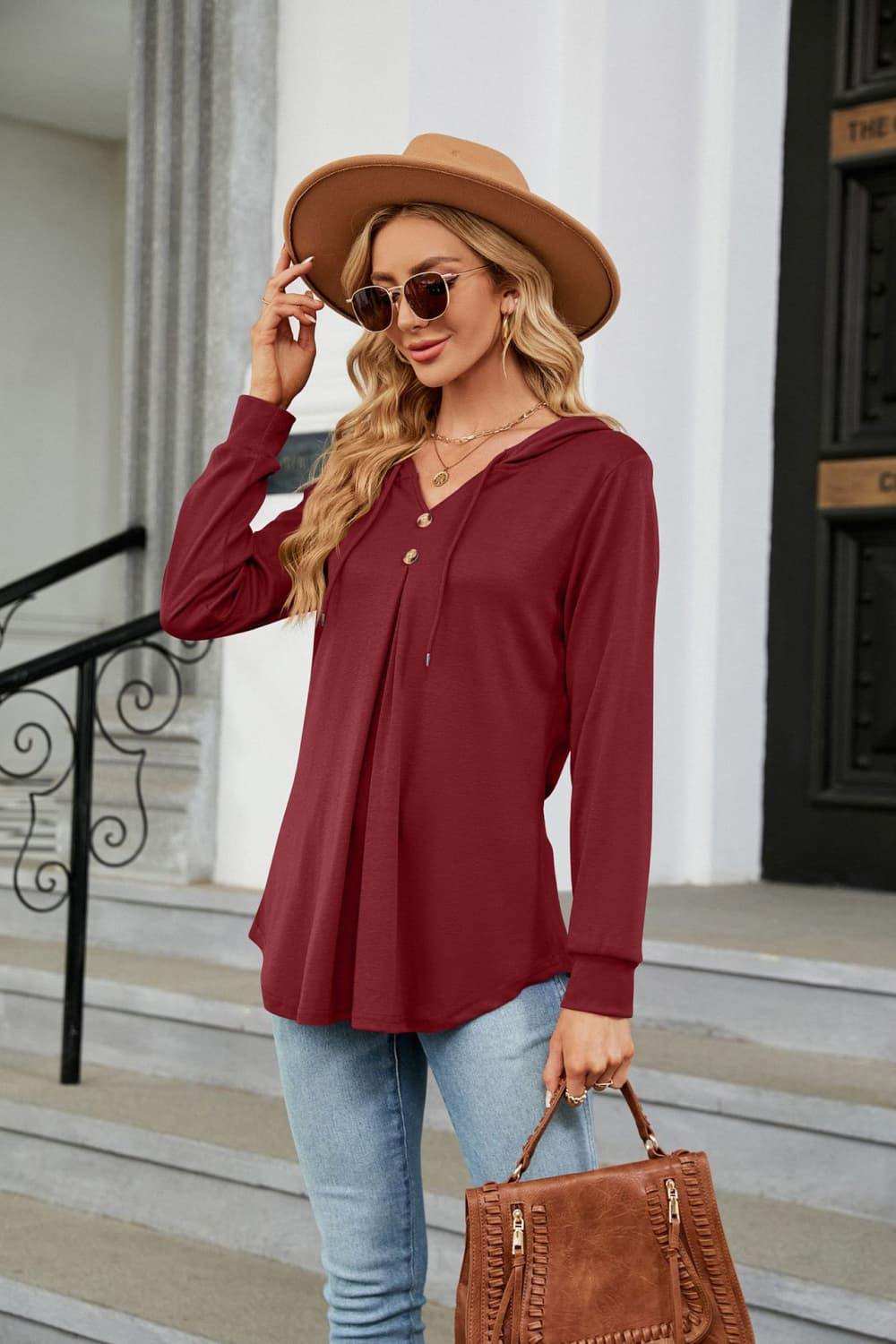 Long Sleeve Hooded Blouse - Trendsi - Flyclothing LLC