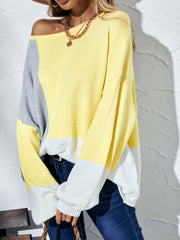 Color Block Balloon Sleeve Boat Neck Sweater - Trendsi