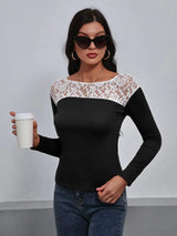 Lace Trim Long Sleeve Round Neck Tee - Trendsi - Flyclothing LLC