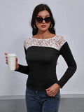 Lace Trim Long Sleeve Round Neck Tee - Trendsi - Flyclothing LLC