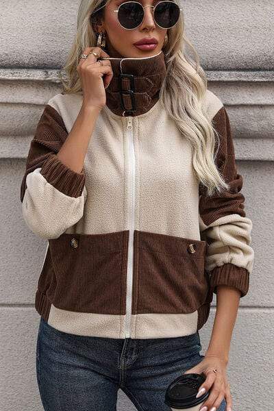 Color Block Zip Up Pocketed Jacket - Trendsi - Flyclothing LLC