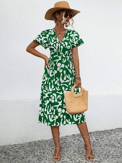 Printed V-Neck Short Sleeve Dress - Trendsi - Flyclothing LLC