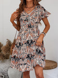 Printed V-Neck Tiered Dress - Trendsi