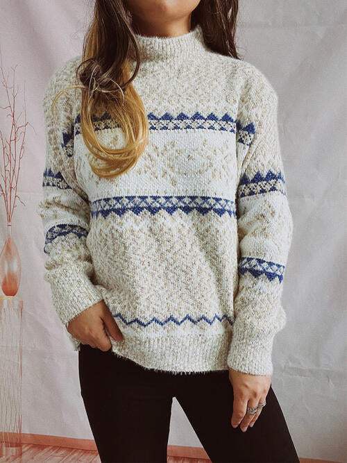 Geometric Mock Neck Dropped Shoulder Sweater - Trendsi - Flyclothing LLC