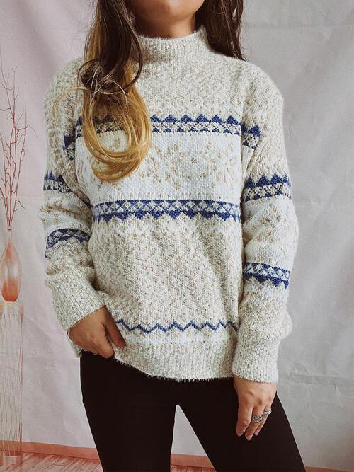 Geometric Mock Neck Dropped Shoulder Sweater - Trendsi