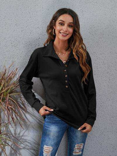 Half Button Dropped Shoulder Blouse - Trendsi - Flyclothing LLC