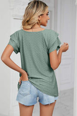 Eyelet V-Neck Short Sleeve T-Shirt - Trendsi - Flyclothing LLC