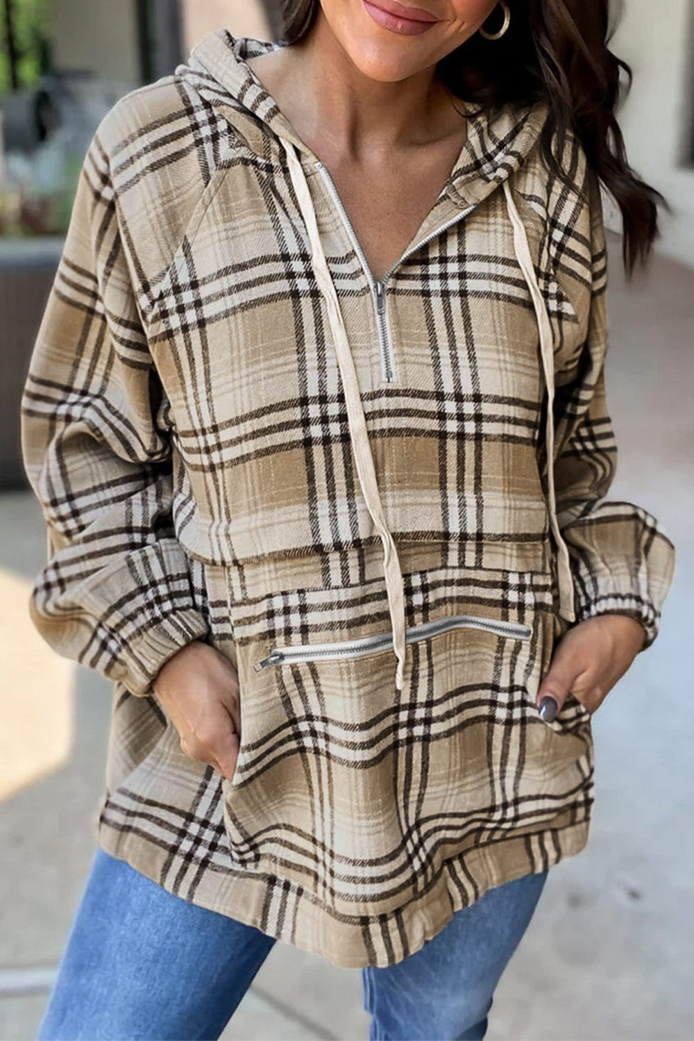 Drawstring Plaid Half Zip Raglan Sleeve Hoodie - Trendsi