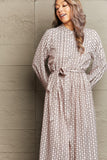 Printed Tie Waist Long Sleeve Dress - Trendsi