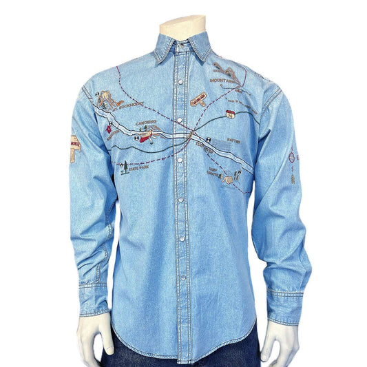 Rockmount Clothing Men's Denim Map Embroidered Western Shirt - Rockmount Clothing - Flyclothing LLC