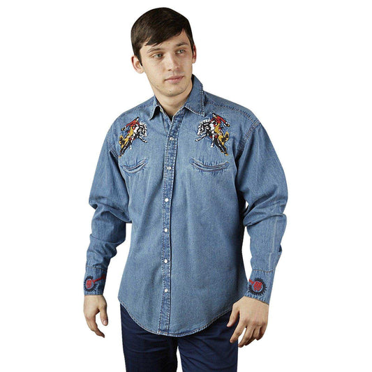 Men’s Rockmount Bronc Vintage Embroidery Western Shirt in Denim - Rockmount Clothing - Flyclothing LLC
