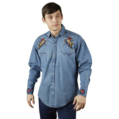 Men’s Rockmount Bronc Vintage Embroidery Western Shirt in Denim - Flyclothing LLC