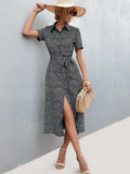 Printed Tie Waist Short Sleeve Shirt Dress - Trendsi - Flyclothing LLC