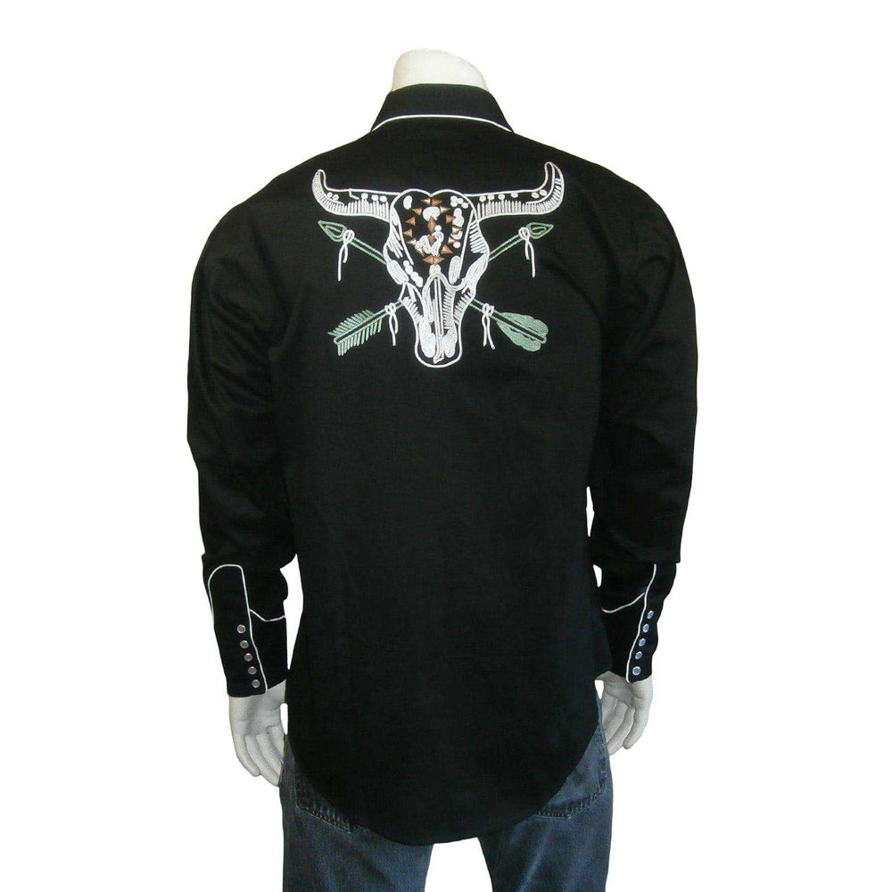 Rockmount Clothing Mens Vintage Black Steer Skull & Arrow Chain Stitch Embroidery Western Shirt - Rockmount Clothing - Flyclothing LLC