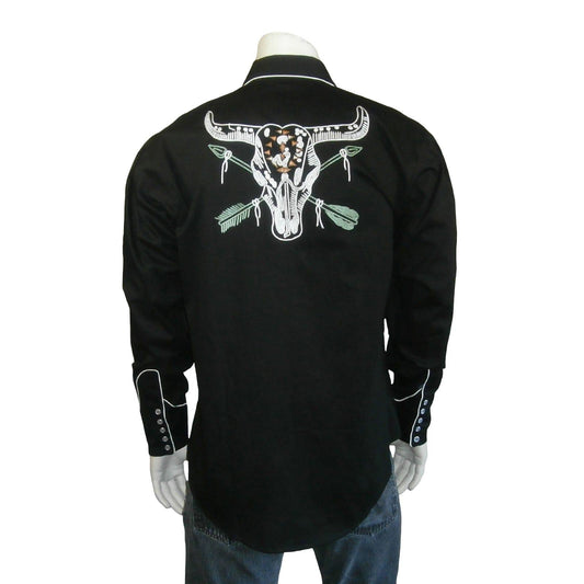 Rockmount Clothing Mens Vintage Black Steer Skull & Arrow Chain Stitch Embroidery Western Shirt - Rockmount Clothing