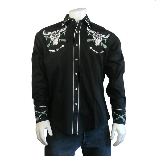 Rockmount Clothing Mens Vintage Black Steer Skull & Arrow Chain Stitch Embroidery Western Shirt