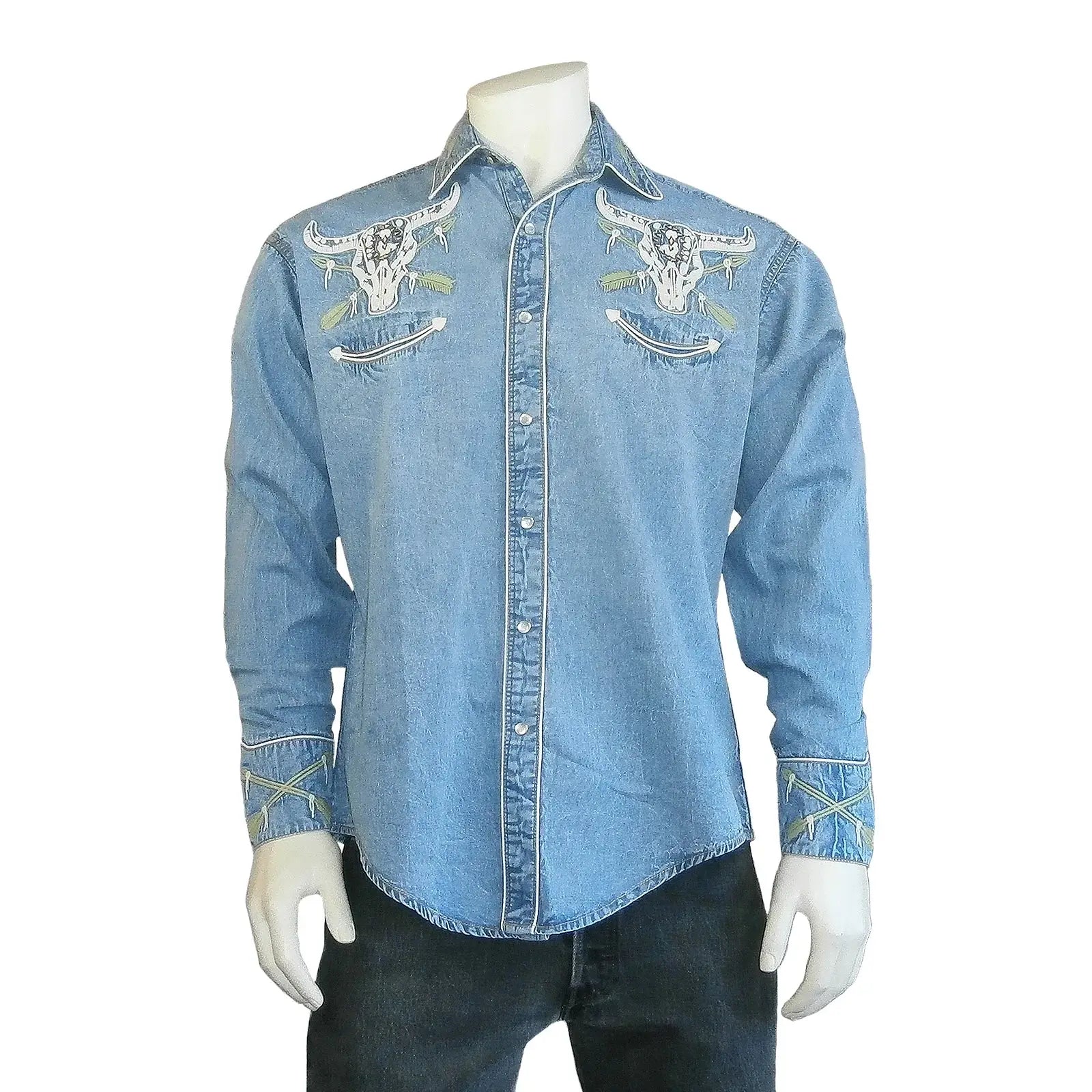 Rockmount Clothing Mens Vintage Denim Steer Skull & Arrow Chain Stitch Embroidery Western Shirt - Rockmount Clothing - Flyclothing LLC
