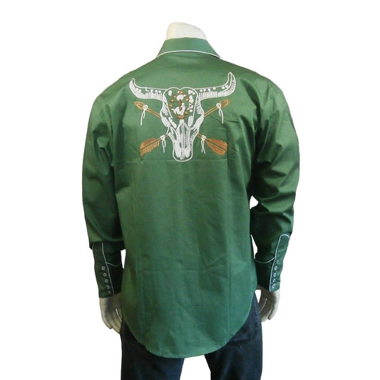 Rockmount Clothing Mens Vintage Green Steer Skull & Arrow Chain Stitch Embroidery Western Shirt - Rockmount Clothing