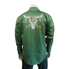 Rockmount Clothing Mens Vintage Green Steer Skull & Arrow Chain Stitch Embroidery Western Shirt