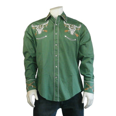 Rockmount Clothing Mens Vintage Green Steer Skull & Arrow Chain Stitch Embroidery Western Shirt