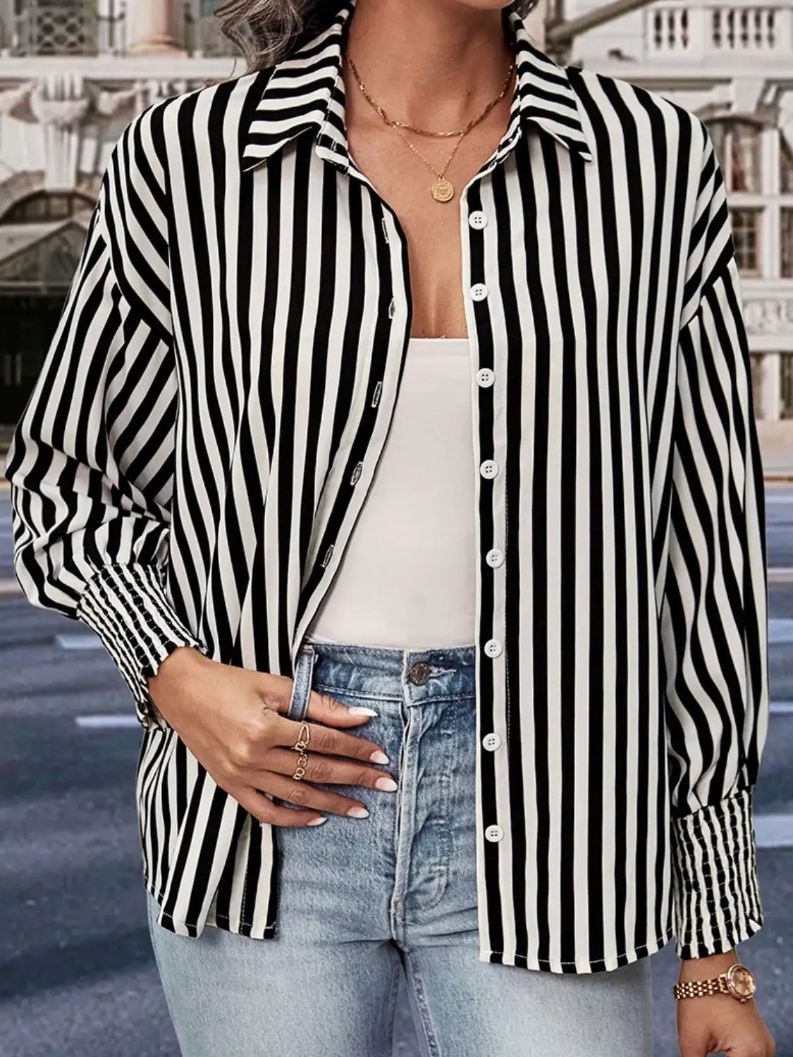 Striped Dropped Shoulder Smocked Wristband Shirt - Trendsi - Flyclothing LLC