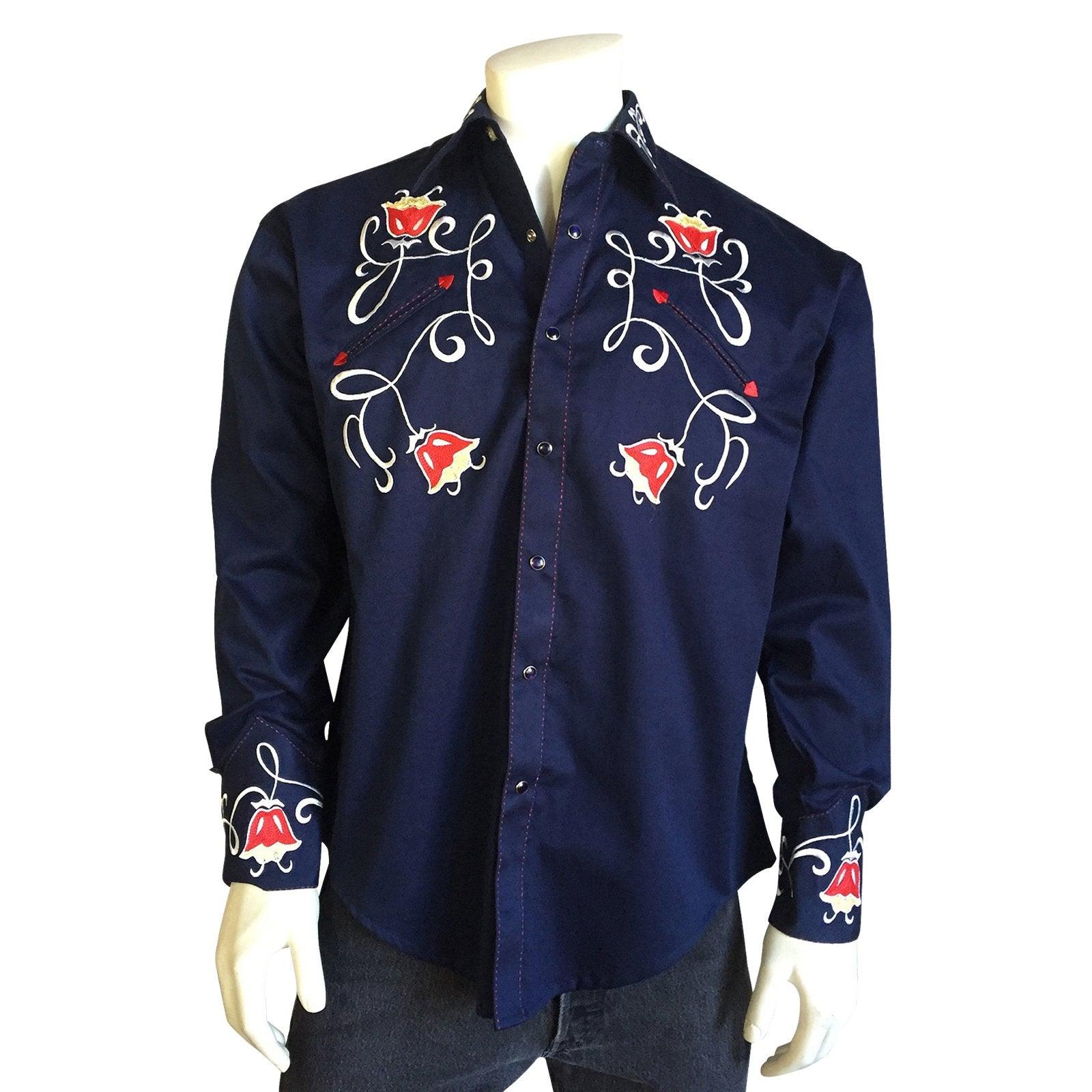 Rockmount Ranch Wear Mens Art Deco Tulip Embroidery Navy Western Shirt - Flyclothing LLC