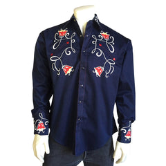 Men's Art Deco Floral Embroidery Navy Western Shirt - Flyclothing LLC