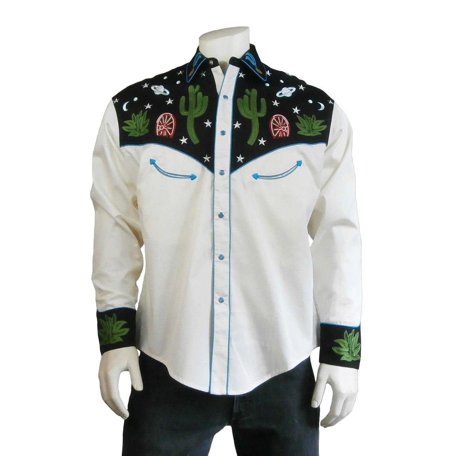 Rockmount Clothing Men's Black Vintage Cactus & Stars Chain Stitch Embroidery Western Shirt