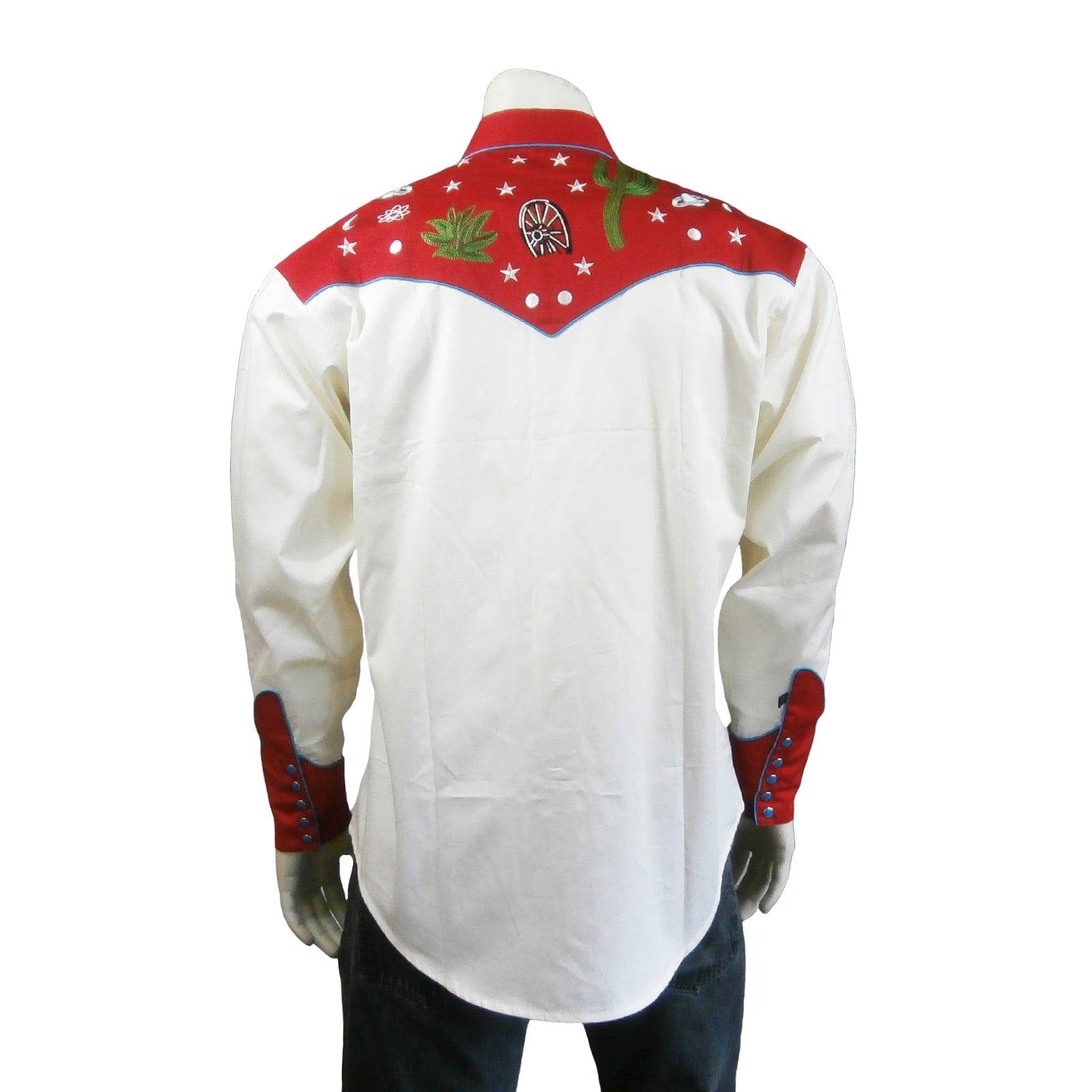 Rockmount Clothing Men's Red Vintage Cactus & Stars Chain Stitch Embroidery Western Shirt