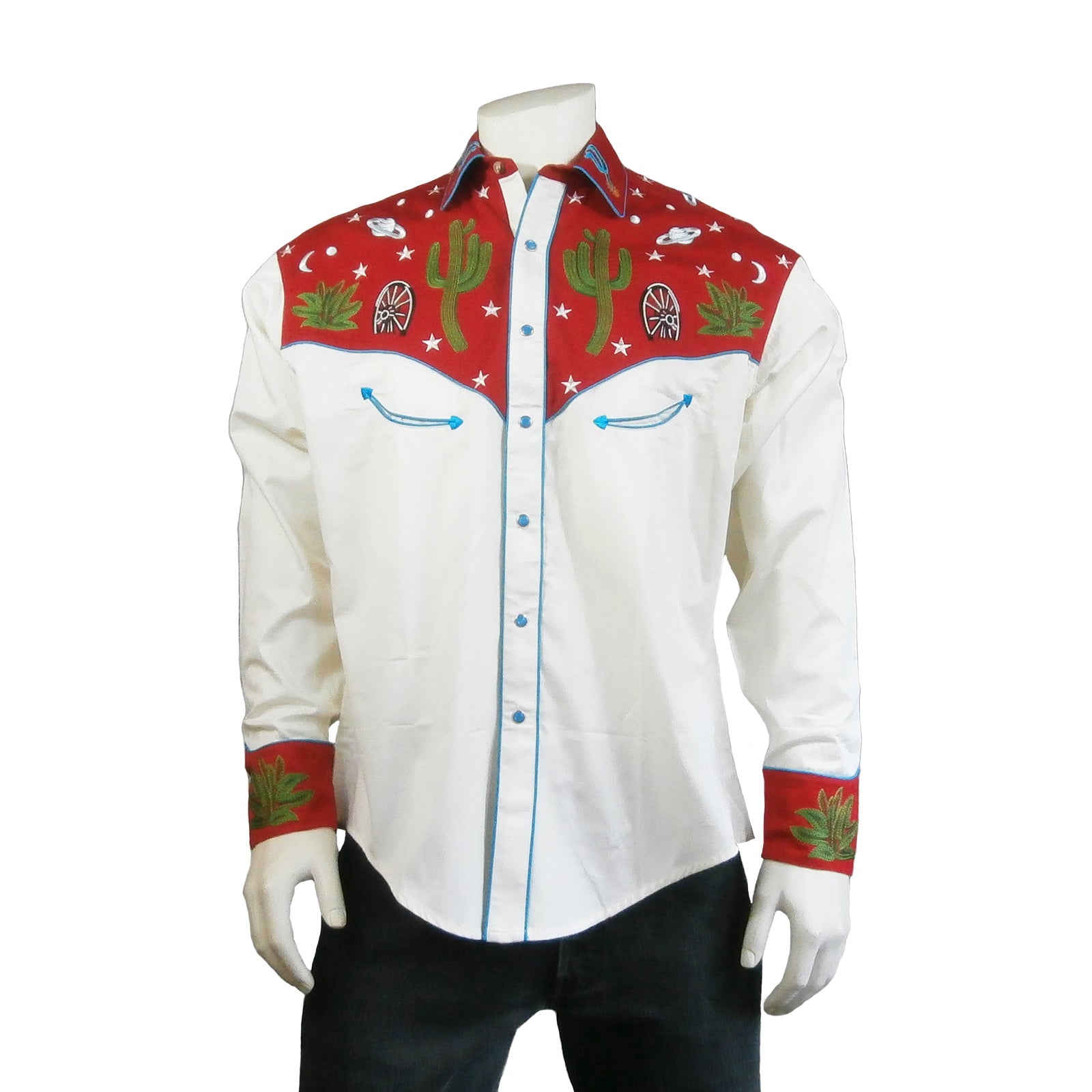 Rockmount Clothing Men's Red Vintage Cactus & Stars Chain Stitch Embroidery Western Shirt