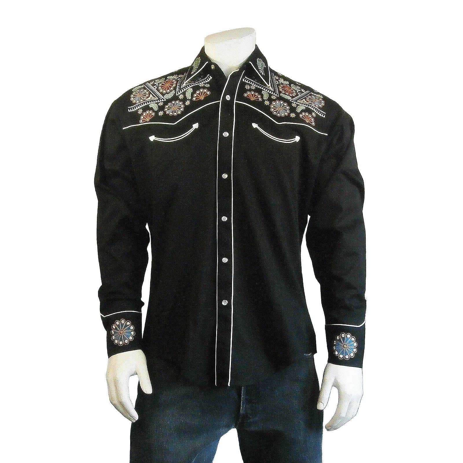 Rockmount Clothing Men's Vintage Black Floral & Stars Embroidery Western Shirt