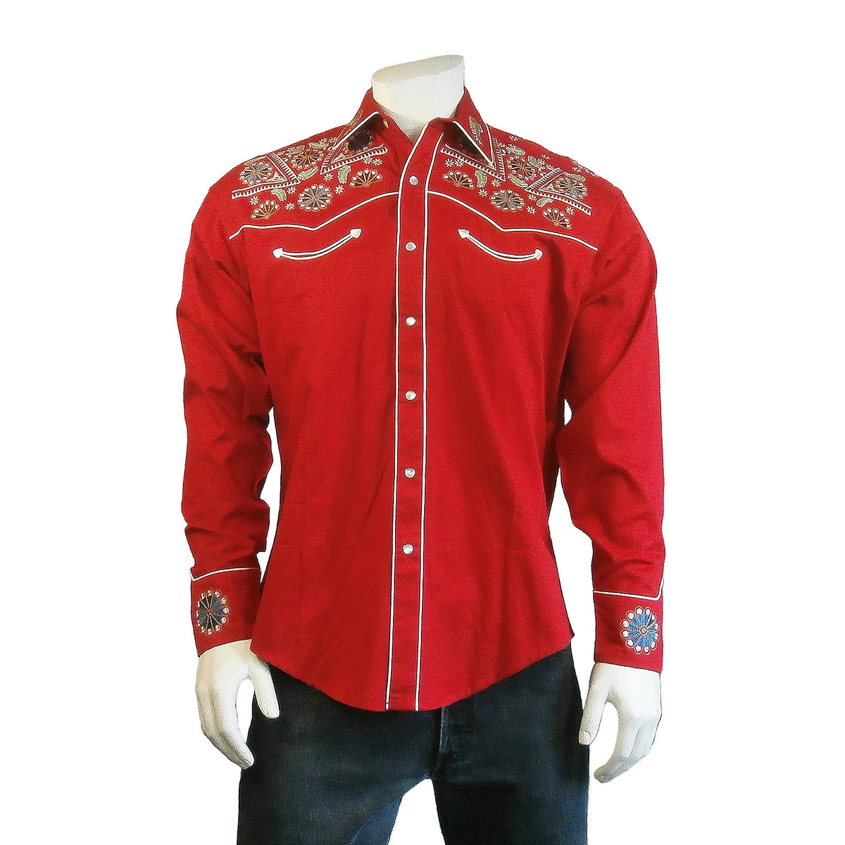 Rockmount Clothing Men's Vintage Red Floral & Stars Embroidery Western Shirt