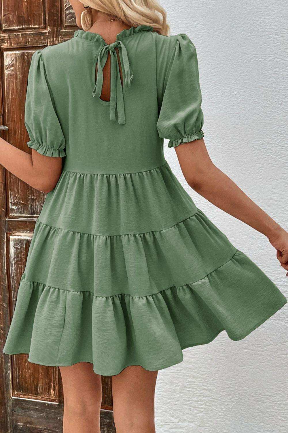 Puff Sleeve Tie Back Tiered Dress - Trendsi - Flyclothing LLC