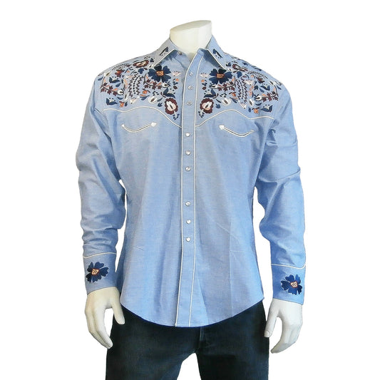 Rockmount Clothing Men's Vintage Blue Floral Embroidery Western Shirt
